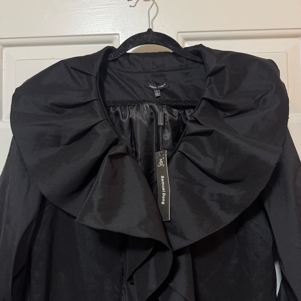 NWT SAMUEL DONG DRAMATIC STRETCH EXTRAVAGANT RUFFLE COAT DRESS Black Size Small - Picture 2 of 9